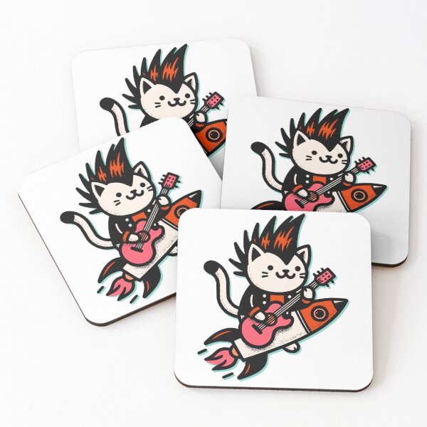 Item preview, Rock Cat Guitarist on Rocket Skateboard – Cute Punk Music Cat Art designed and sold by onlin3boutiqu3.