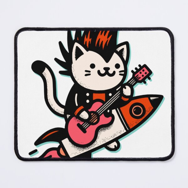 Item preview, Rock Cat Guitarist on Rocket Skateboard – Cute Punk Music Cat Art designed and sold by onlin3boutiqu3.