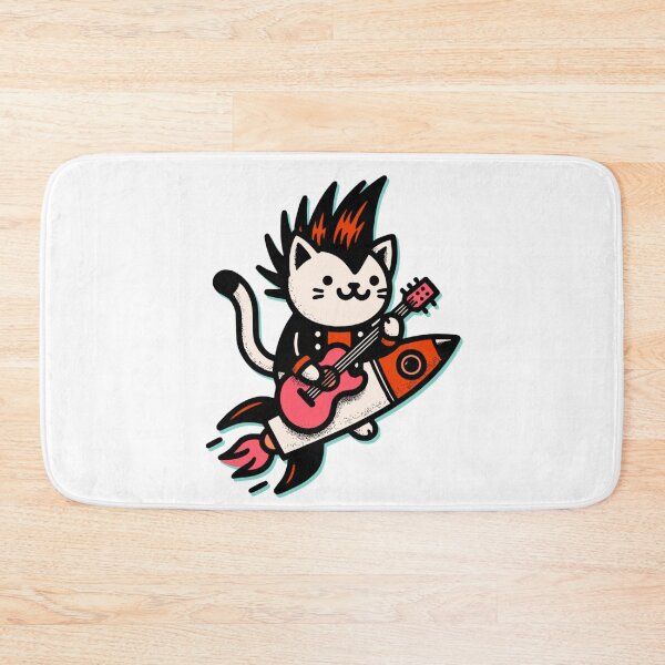 Item preview, Rock Cat Guitarist on Rocket Skateboard – Cute Punk Music Cat Art designed and sold by onlin3boutiqu3.