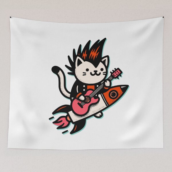 Item preview, Rock Cat Guitarist on Rocket Skateboard – Cute Punk Music Cat Art designed and sold by onlin3boutiqu3.