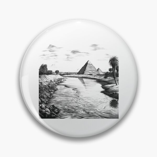 Item preview, Egyptian Pyramids by the Nile – Black and White Ancient Landscape Art designed and sold by inkoutninja.