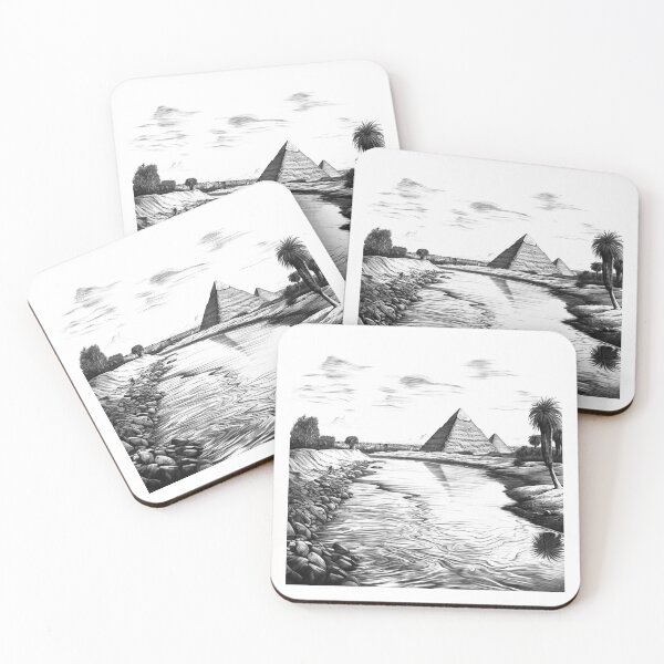 Item preview, Egyptian Pyramids by the Nile – Black and White Ancient Landscape Art designed and sold by inkoutninja.