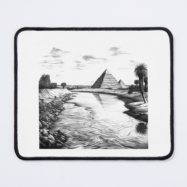 Item preview, Egyptian Pyramids by the Nile – Black and White Ancient Landscape Art designed and sold by inkoutninja.