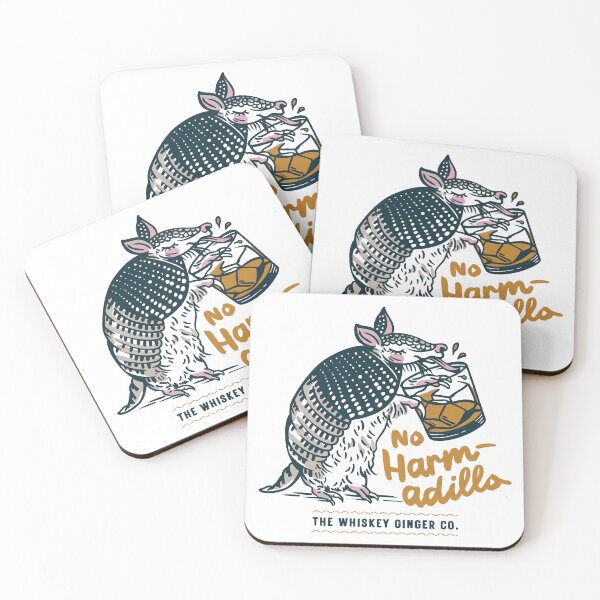 Item preview, No Harm-Adillo Funny Armadillo Drinking Whiskey Wordplay Pun designed and sold by The Whiskey Ginger Design Shop.