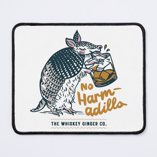 Item preview, No Harm-Adillo Funny Armadillo Drinking Whiskey Wordplay Pun designed and sold by The Whiskey Ginger Design Shop.