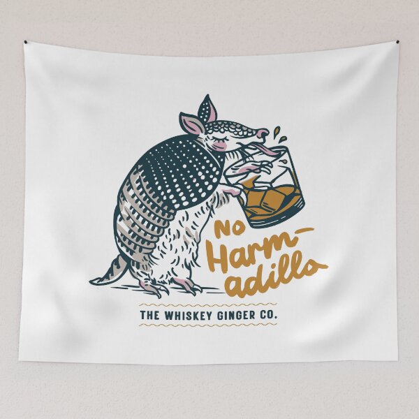 Item preview, No Harm-Adillo Funny Armadillo Drinking Whiskey Wordplay Pun designed and sold by The Whiskey Ginger Design Shop.