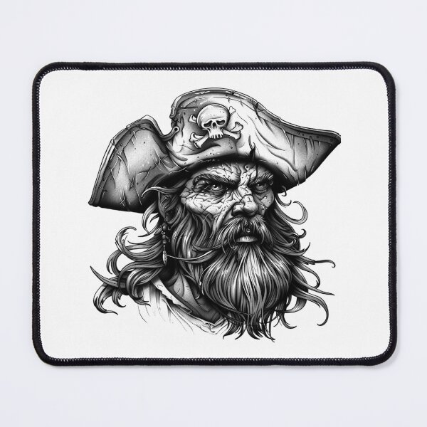 Item preview, Fierce Pirate Captain – Black and White Nautical Fantasy Illustration designed and sold by inkoutninja.