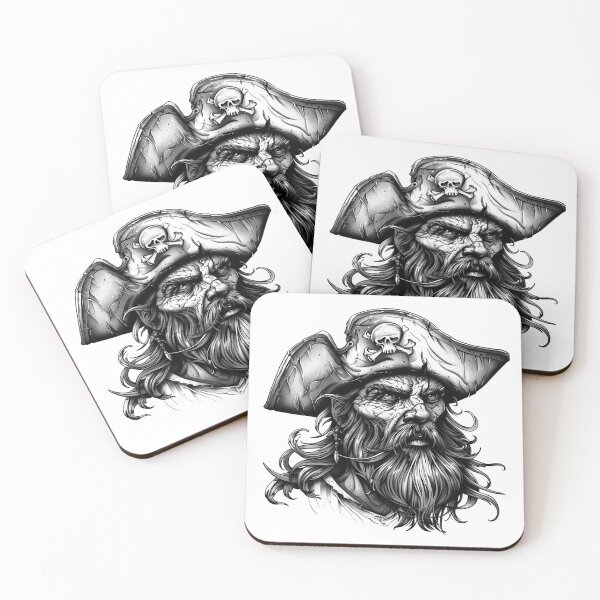 Item preview, Fierce Pirate Captain – Black and White Nautical Fantasy Illustration designed and sold by inkoutninja.