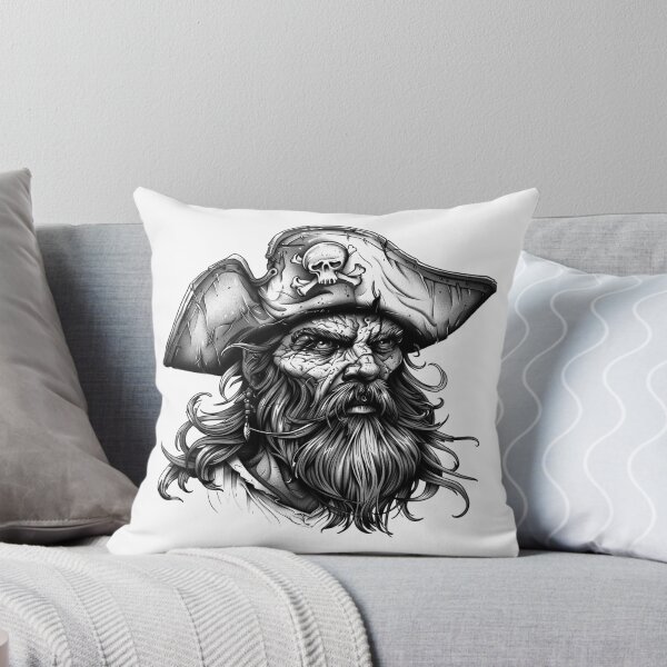 Item preview, Fierce Pirate Captain – Black and White Nautical Fantasy Illustration designed and sold by inkoutninja.