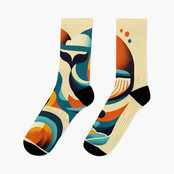 Item preview, Retro Geometric Whale in Teal and Orange Waves designed and sold by InkSmithery.