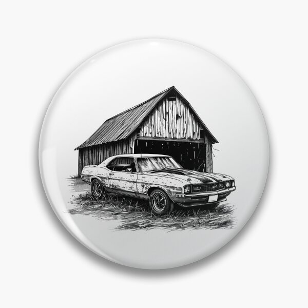 Artikelvorschau, Scheunenfund-Muscle-Car – Schwarz-Weiß-Illustration eines Oldtimers und einer Scheune entworfen und verkauft von inkoutninja.