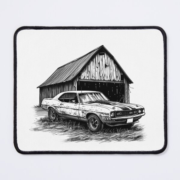 Item preview, Barn Find Muscle Car – Black and White Vintage Auto & Barn Illustration designed and sold by inkoutninja.