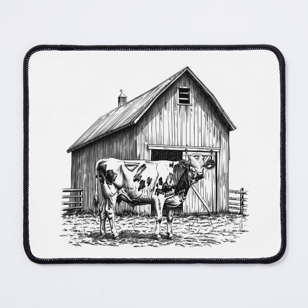 Item preview, Barnyard Cow & Barn – Black and White Farm Life Illustration designed and sold by inkoutninja.