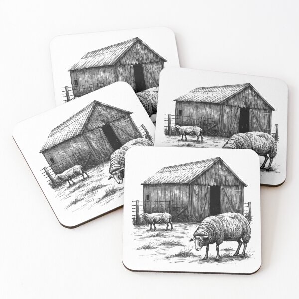 Item preview, Sheep and Barn – Black and White Rustic Farm Animal Illustration designed and sold by inkoutninja.