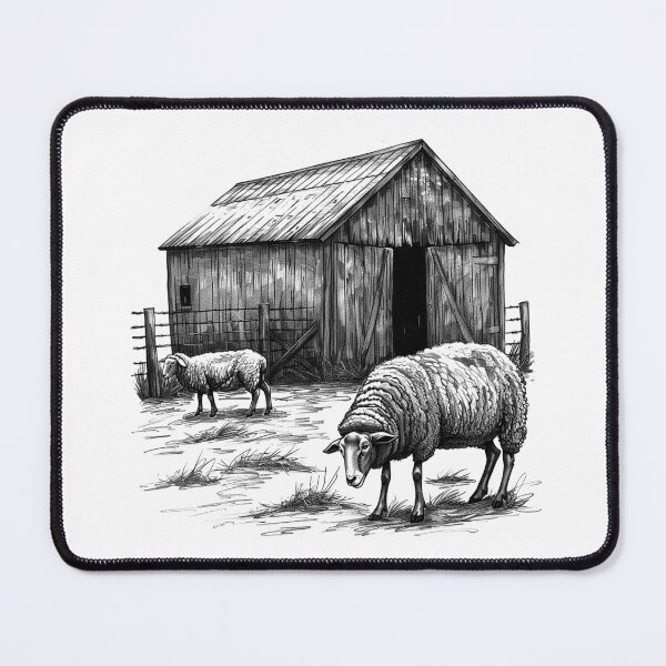Item preview, Sheep and Barn – Black and White Rustic Farm Animal Illustration designed and sold by inkoutninja.