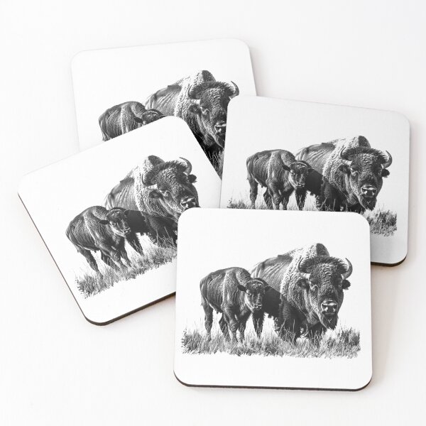 Item preview, Bison and Calf – Black and White American Wildlife Illustration designed and sold by inkoutninja.