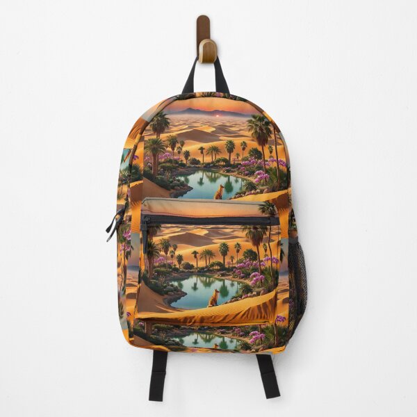 Item preview, Golden Desert Oasis at Sunset with Fox – Surreal Fantasy Landscape Art designed and sold by AwesomeDigiShop.