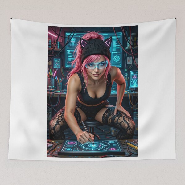 Item preview, Cassandra Hacker Girl in Neon Beanie and Goggles designed and sold by CathryneDelamort.