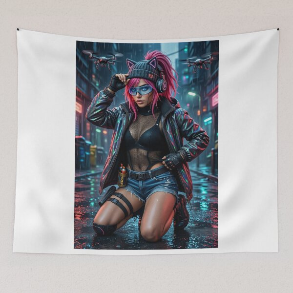 Item preview, Cathrynedelamort cyberpunk cat ear beanie rain designed and sold by CathryneDelamort.