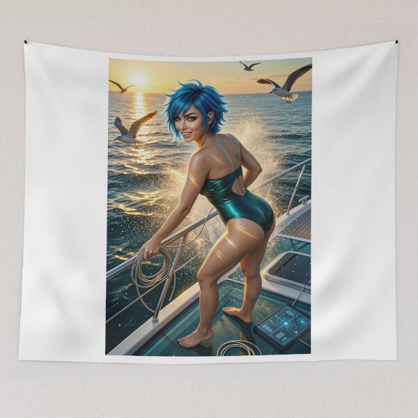 Item preview, Cipher Blue Hair Yacht One Piece Swimsuit Sunset designed and sold by CathryneDelamort.