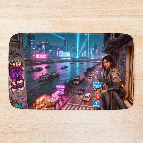Item preview, Cyberpunk city riverfront view designed and sold by aykiradesigns.