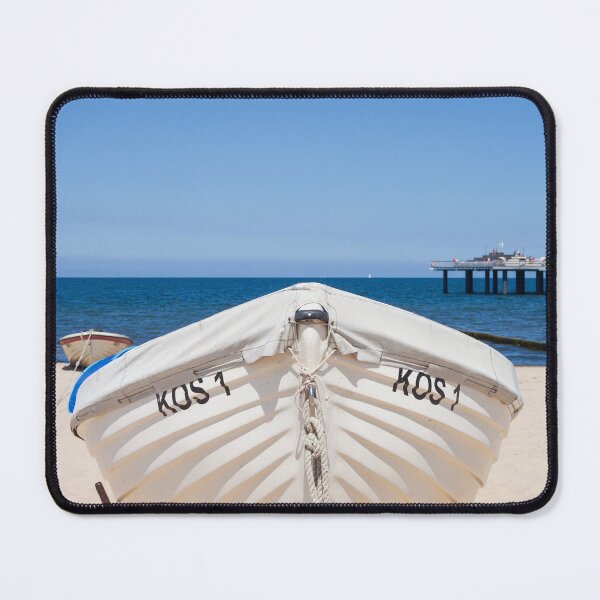Item preview, White boat lying on the beach, pier in the background, Koserow designed and sold by Torsten  Krüger.