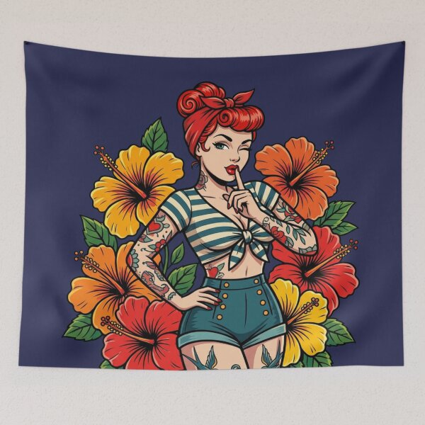 Item preview, Tropical Paradise Pin up - Tattoo Style Art designed and sold by TinyRed SpiralArt.