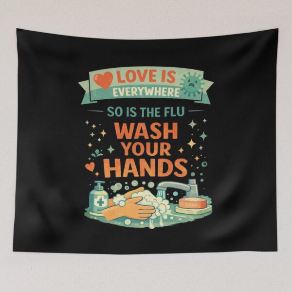 Item preview, Love is everywhere, just like the flu—wash your hands. A humorous graphic about hygiene. designed and sold by Tomasz  Siennicki.