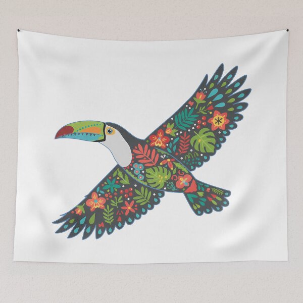 Item preview, Toucan in Flight with Tropical Foliage – Hope for Wildlife Scandinavian Folk Art by heidiannemorris © designed and sold by FOLK ART FUSION by heidiannemorris.
