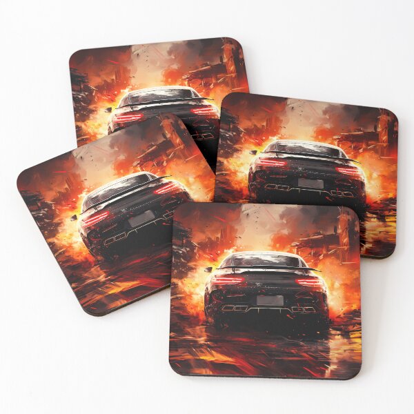 Item preview, Sleek Black Sports Car Fleeing Explosive Urban Inferno Back View designed and sold by RevUpDesign.