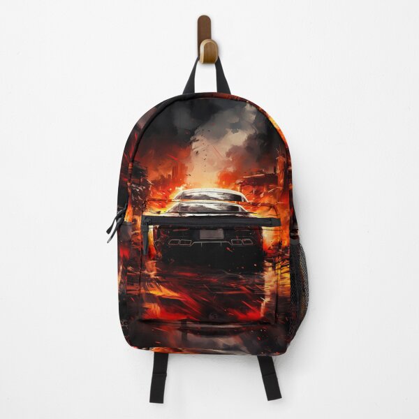 Item preview, Sleek Black Sports Car Fleeing Explosive Urban Inferno Back View designed and sold by RevUpDesign.