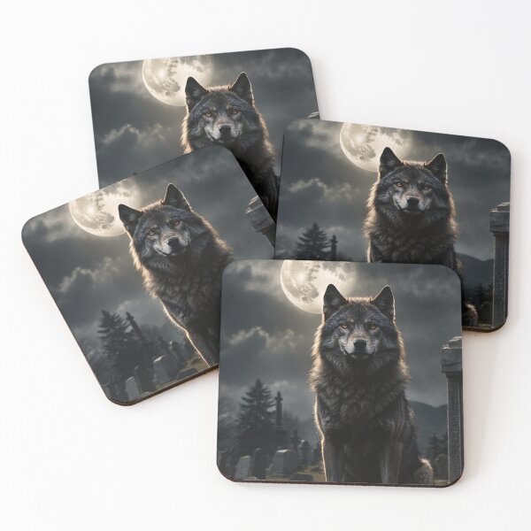 Item preview, Dark Wolf in Graveyard under Full Moon – Gothic Dark Fantasy Art designed and sold by Traumrausch.
