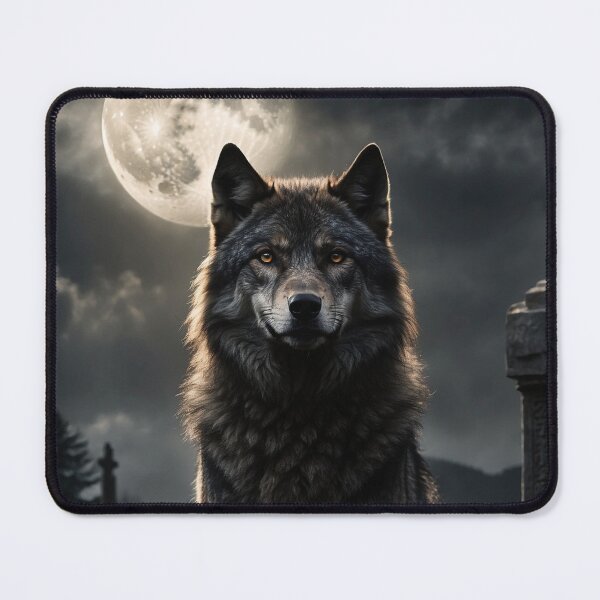 Item preview, Dark Wolf in Graveyard under Full Moon – Gothic Dark Fantasy Art designed and sold by Traumrausch.