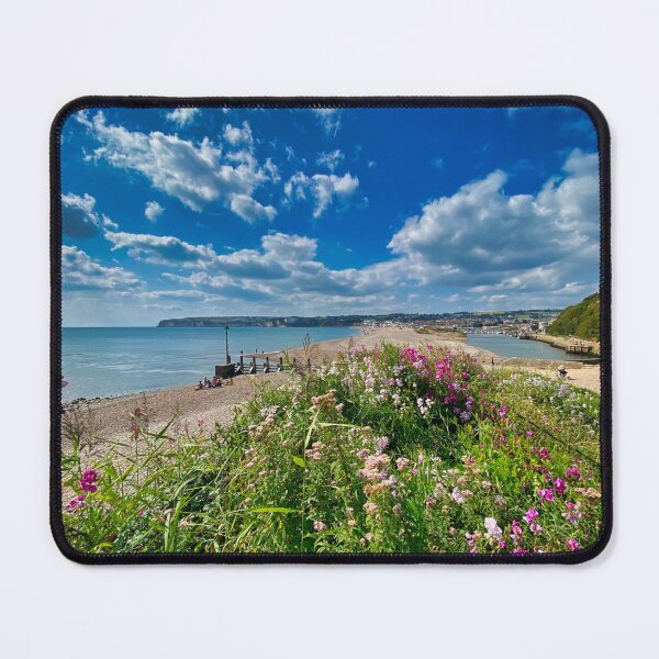 Item preview, Sunny Seaton Beach East Devon - Sparkling Blue Sea and Jurassic Coast Cliffs designed and sold by leonwoods.