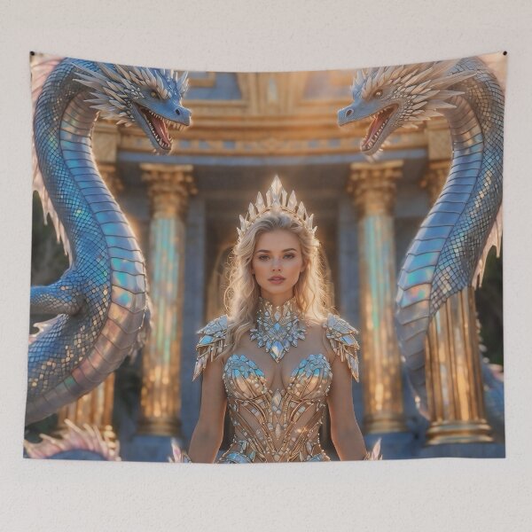 Item preview, Atlantis Sovereign Queen with Dual Iridescent Sea Dragons – Pre-Sunken Golden Age Fantasy Glamour Art designed and sold by SunsetAngelsAI.
