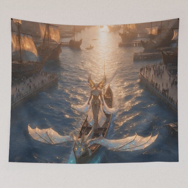 Item preview, Atlantis Sovereign Queen on Royal Barge with Sea Dragon – Pre-Sunken Golden Age Fantasy Glamour Art designed and sold by SunsetAngelsAI.