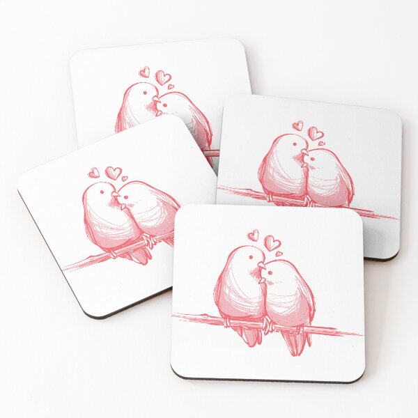 Item preview, Lovebirds Kissing Saint Valentine's Day Art - Pink Sketch Romantic Birds with Hearts Illustration Print designed and sold by DesignArtist.ia.