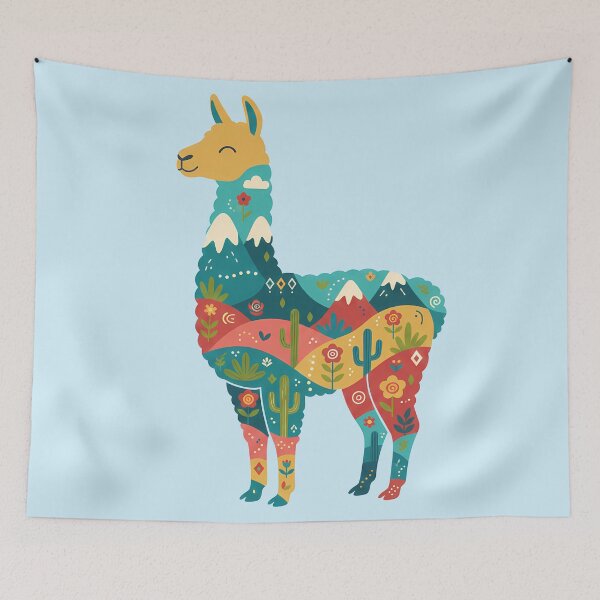 Item preview, Llama with Andean Mountain Landscape – Scandinavian Folk Art by heidiannemorris © designed and sold by FOLK ART FUSION by heidiannemorris.