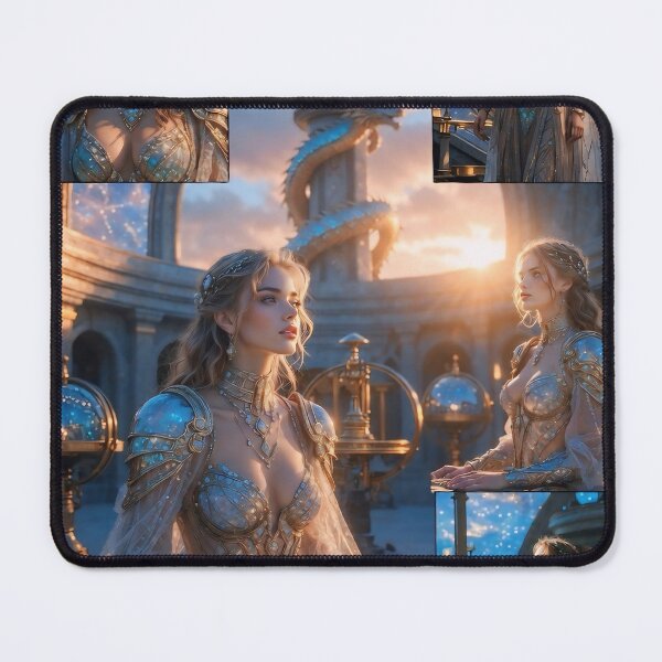 Item preview, Atlantis Sovereign Queen in Cosmic Star Map Palace Dome Sea Dragon – Golden Age Fantasy designed and sold by SunsetAngelsAI.