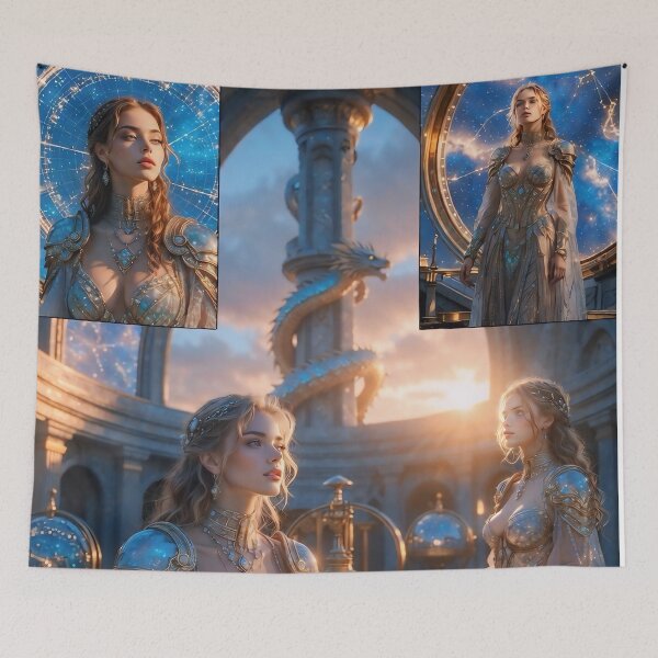 Item preview, Atlantis Sovereign Queen in Cosmic Star Map Palace Dome Sea Dragon – Golden Age Fantasy designed and sold by SunsetAngelsAI.