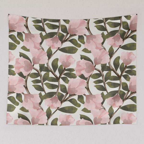 Item preview, Arts and Crafts Inspired Trailing Floral with Pink Flowers in Cloud Dancer Background designed and sold by JasmineGDesigns.