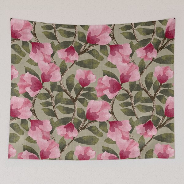 Item preview, Copy of Arts and Crafts Inspired Trailing Floral with Bright Pink Flowers in Sage Green Background designed and sold by JasmineGDesigns.