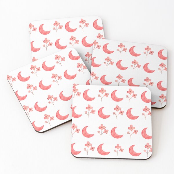 Item preview, Pattern of coral red moons and flowers on a white background designed and sold by lunadesignsmoon.