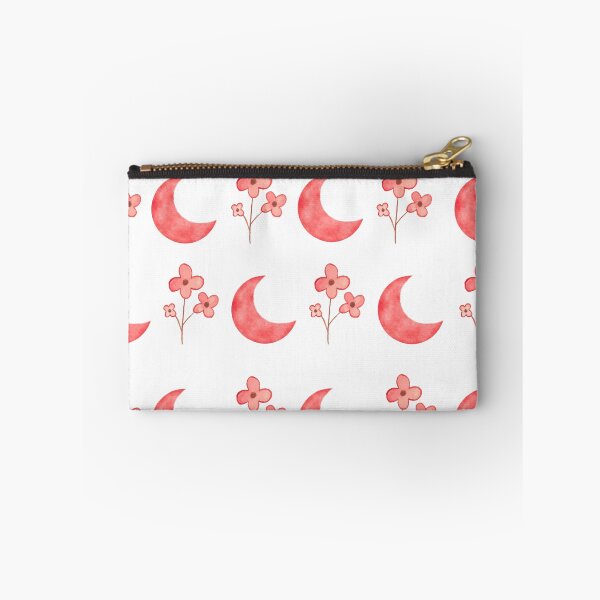 Item preview, Pattern of coral red moons and flowers on a white background designed and sold by lunadesignsmoon.