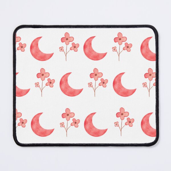 Item preview, Pattern of coral red moons and flowers on a white background designed and sold by lunadesignsmoon.