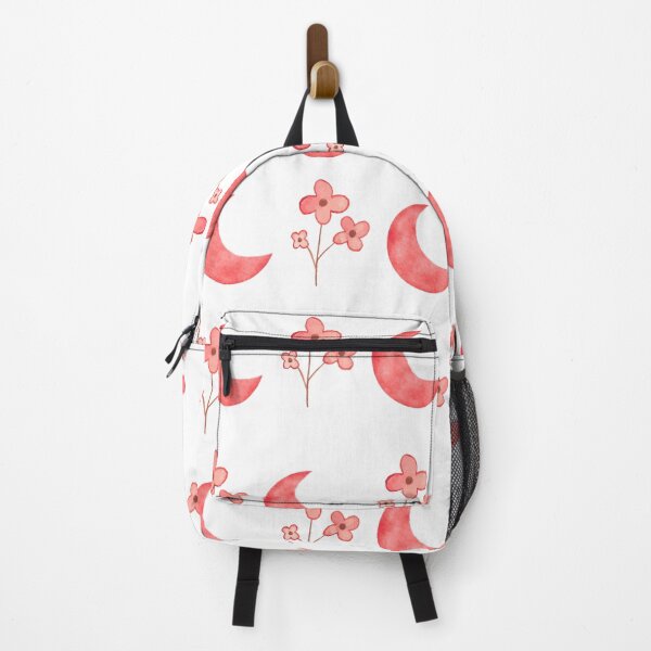 Item preview, Pattern of coral red moons and flowers on a white background designed and sold by lunadesignsmoon.