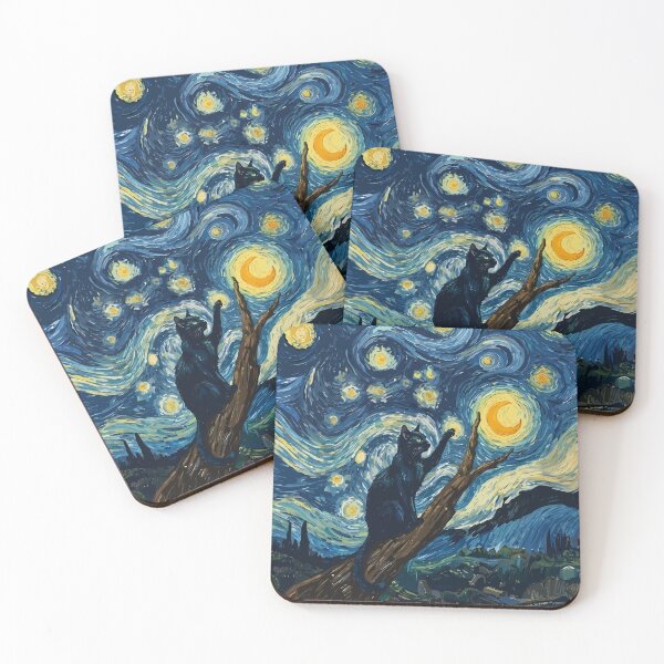 Item preview, Cat in the nigth with star and bats, impressionism, famous painting, Starry Night Style Van Gogh painting Cat Lover designed and sold by Collagedream.