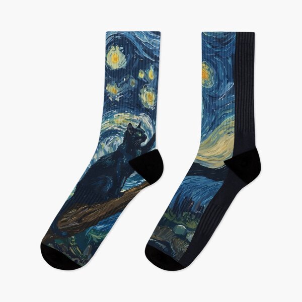 Artikelvorschau, Katze in der Nacht mit Sternen und Fledermäusen, Impressionismus, berühmtes Gemälde, Sternennacht im Stil von Van Gogh, Katzenliebhaber entworfen und verkauft von Collagedream.