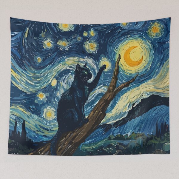 Item preview, Cat in the nigth with star and bats, impressionism, famous painting, Starry Night Style Van Gogh painting Cat Lover designed and sold by Collagedream.