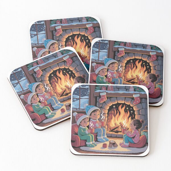 Item preview, Children sit in front of a blazing fireplace, drinking hot chocolate. designed and sold by desinganddecor.